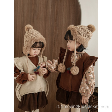 Giacca casual lavorata a maglia da ragazza con orecchie in legno
